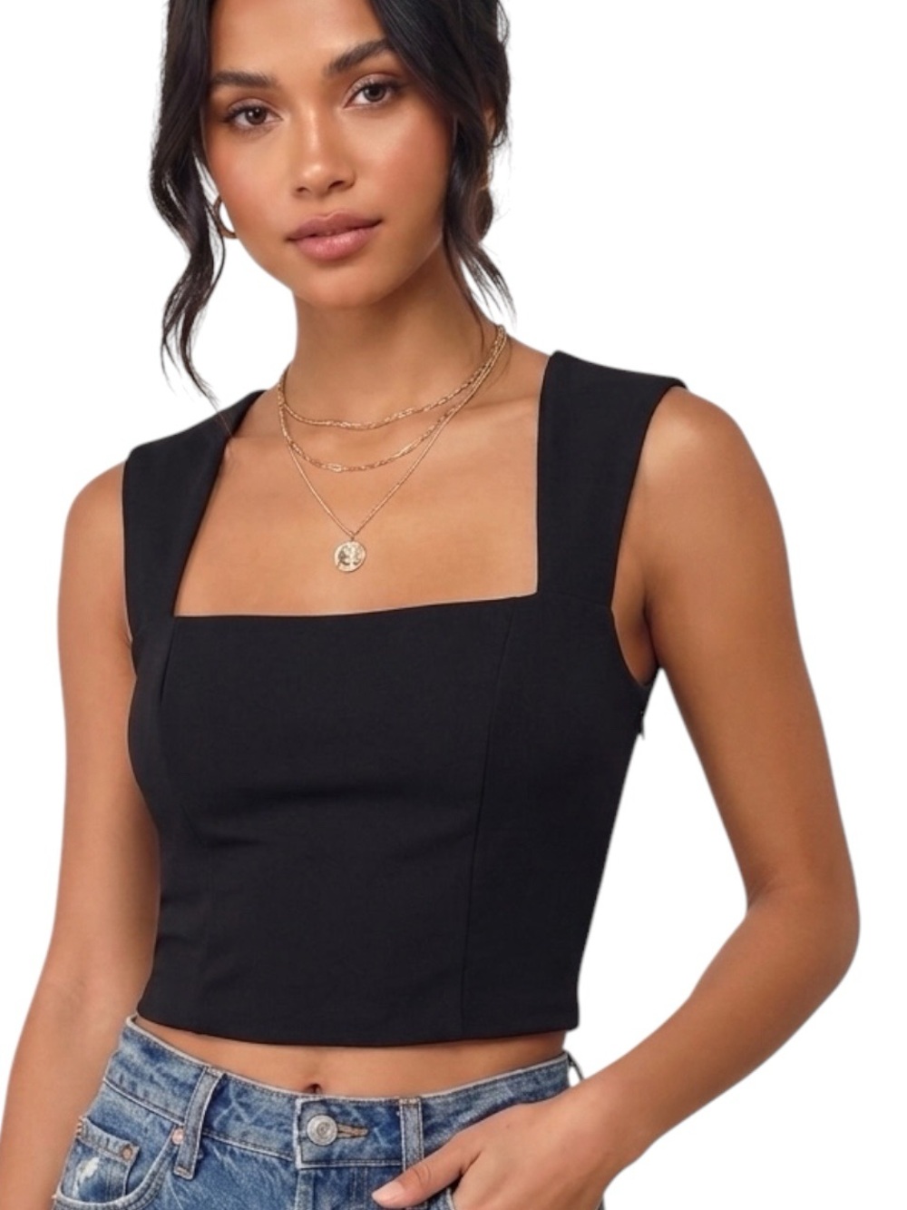 Lulus Enticing Endeavors Black Princess Seam Cropped Tank Top Size M NWT